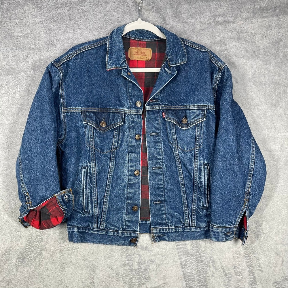 Vintage Levis 57510 0514 Denim Jacket Youth Large USA Plaid Lined Trucker 80s